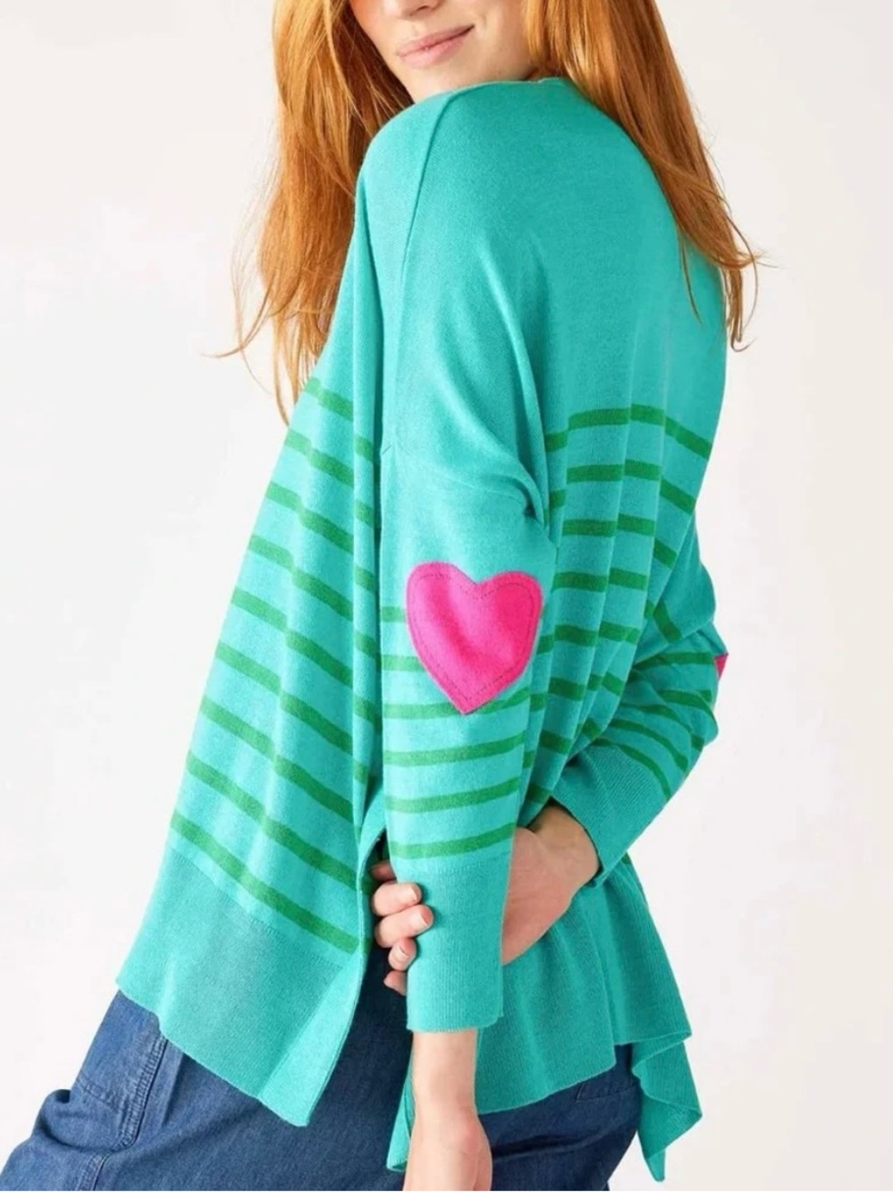 Mersea The Amour Sweater Striped Heart Patch Pullover One Size Alpine Clover